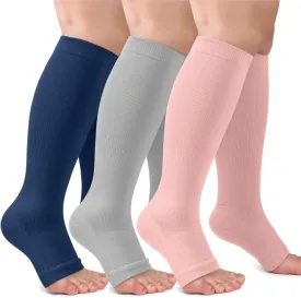 3 Pack Copper Compression Socks for Women & Men, 20-30mmHg Open Toe Knee High Stockings for Circulation Support