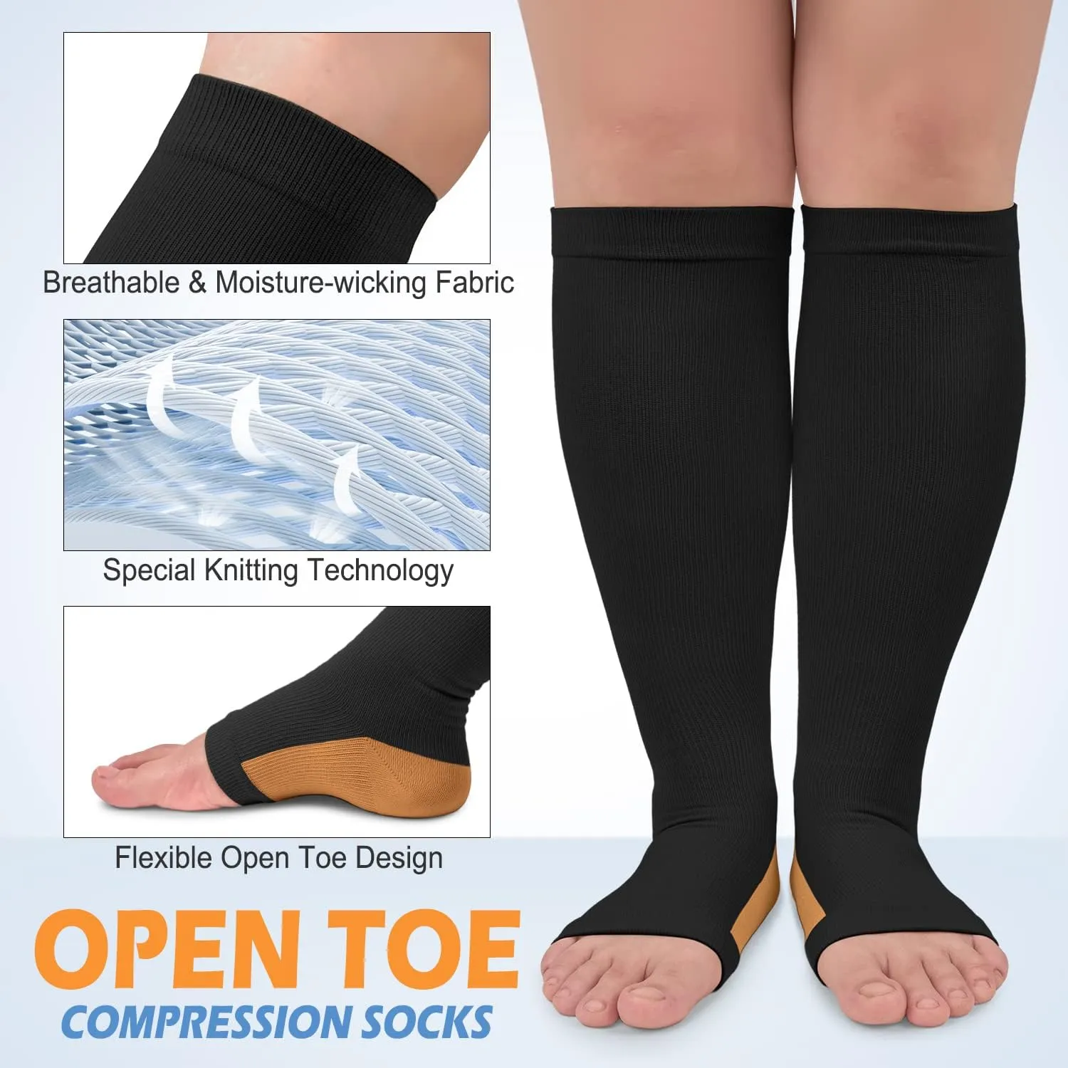 3 Pack Copper Compression Socks for Women & Men, 20-30mmHg Open Toe Knee High Stockings for Circulation Support