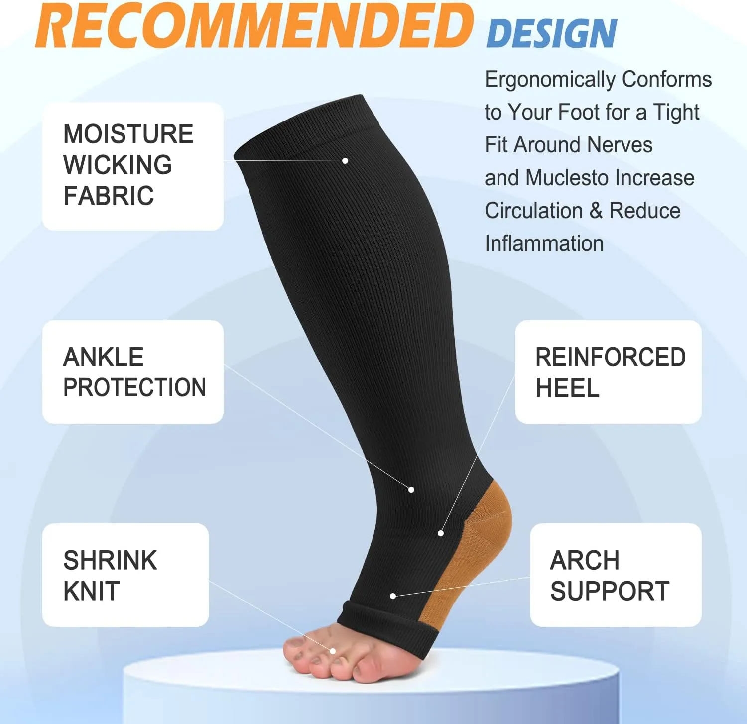 3 Pack Copper Compression Socks for Women & Men, 20-30mmHg Open Toe Knee High Stockings for Circulation Support