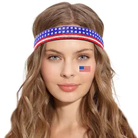 4th of July Headband Red White Blue Rhinestones Head Band Elastic Hairbands Glitter Crystal Headbands Women