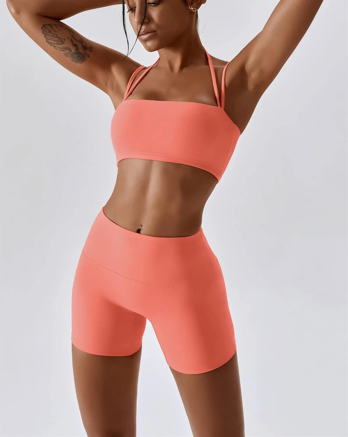 ABOCIW Workout Sets for Women 2 Piece Twist Front Halter Sports Bras High Waist Biker Shorts Exercise Gym Yoga Outfit