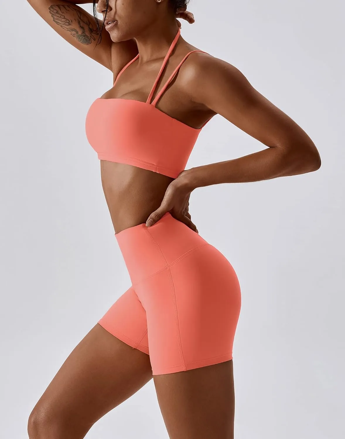 ABOCIW Workout Sets for Women 2 Piece Twist Front Halter Sports Bras High Waist Biker Shorts Exercise Gym Yoga Outfit