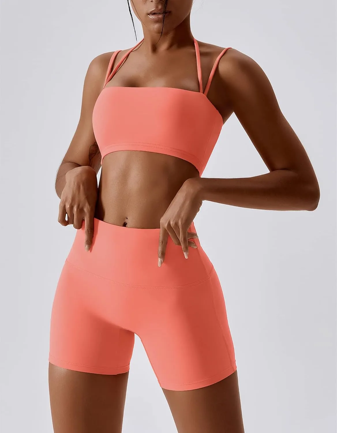 ABOCIW Workout Sets for Women 2 Piece Twist Front Halter Sports Bras High Waist Biker Shorts Exercise Gym Yoga Outfit