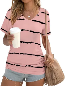 Anydoll Womens Ruched Tops 2025 Spring Summer Tunics Short Sleeve V Neck T Shirts Casual Dressy Tee with Side Shirring 
