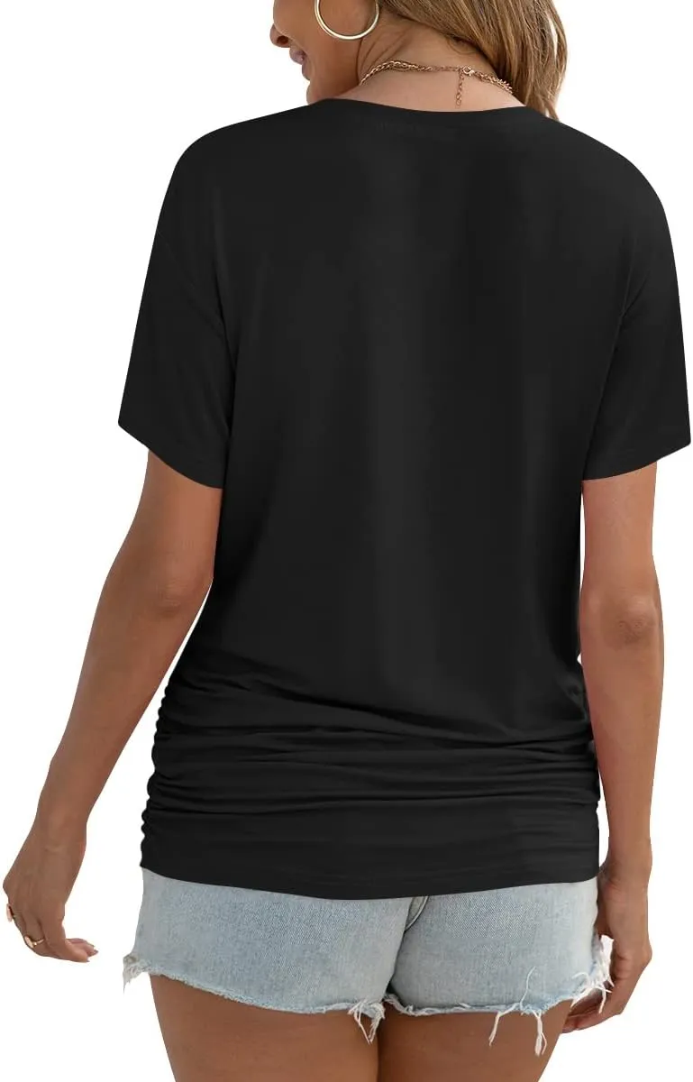 Anydoll Womens Ruched Tops 2025 Spring Summer Tunics Short Sleeve V Neck T Shirts Casual Dressy Tee with Side Shirring 