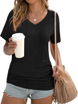 Anydoll Womens Ruched Tops 2025 Spring Summer Tunics Short Sleeve V Neck T Shirts Casual Dressy Tee with Side Shirring 