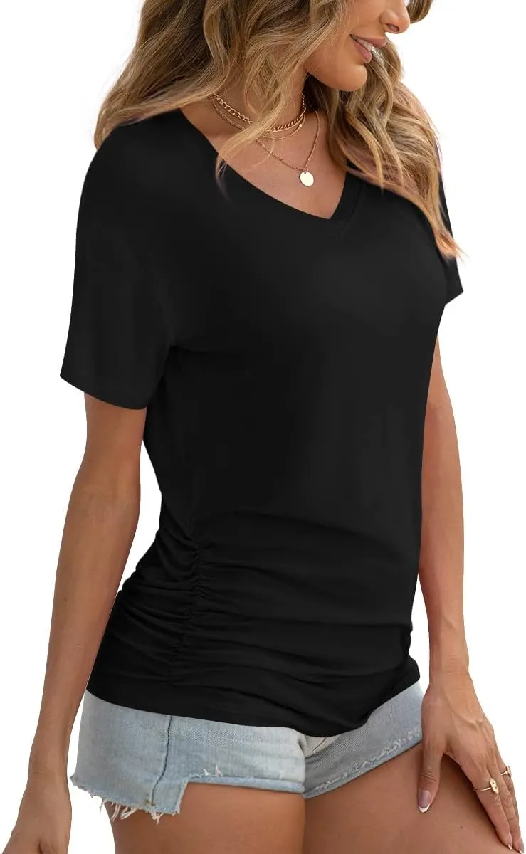 Anydoll Womens Ruched Tops 2025 Spring Summer Tunics Short Sleeve V Neck T Shirts Casual Dressy Tee with Side Shirring 