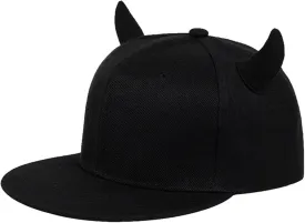 Baseball Cap Unisex Cartoon Flat Brim Hip-Hop Hat 3D Horns Hat Adjustable Black Rock Band Hats
