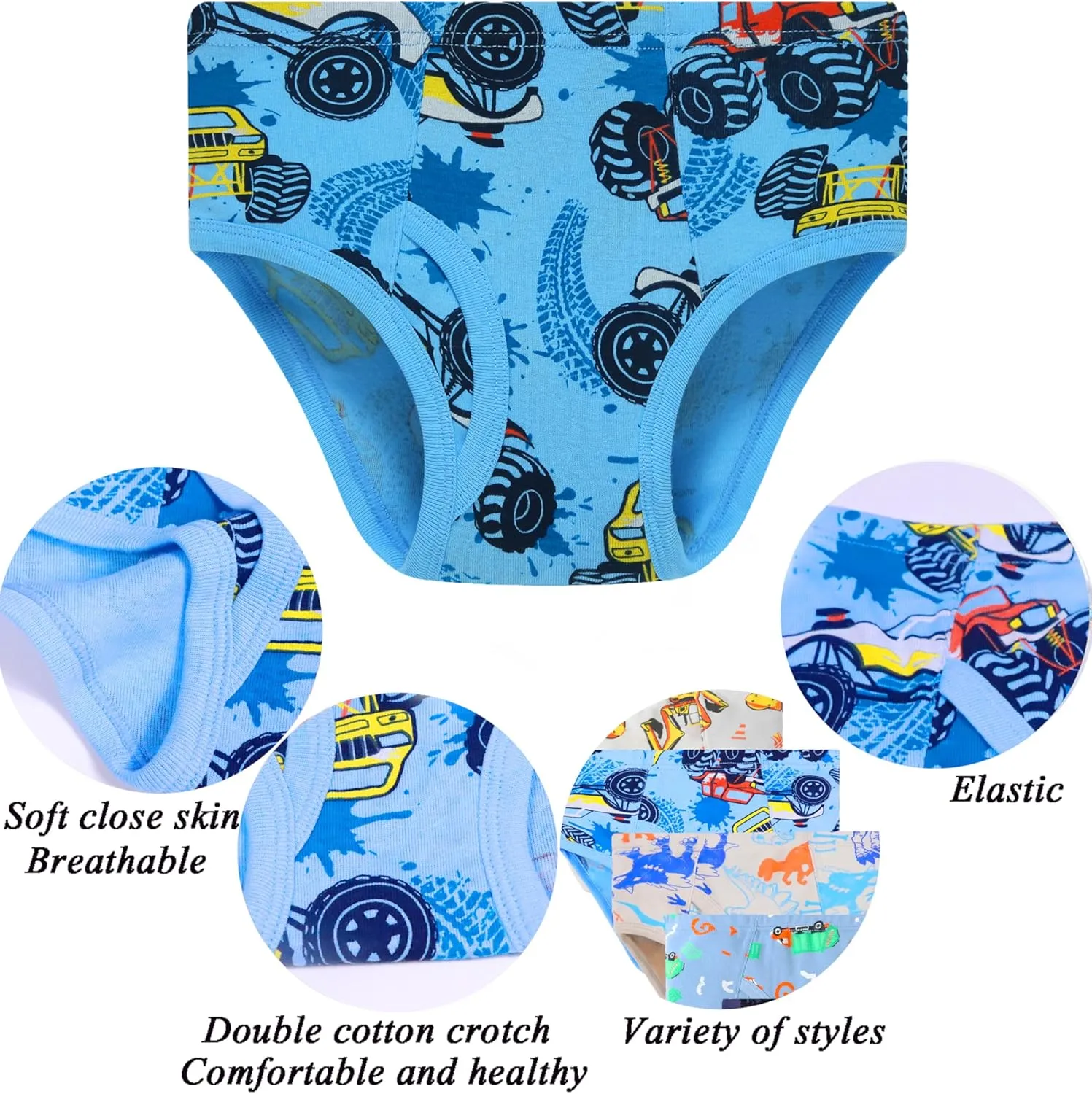 Boboking 100% Cotton Little Boys Briefs Soft Dinosaur Truck Toddler Underwear