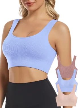Chilylori Seamless Sports Bras for Women Pack of 3 Ribbed Sports Bra Workout Tops Cropped Tank Top Comfort Padded Yoga
