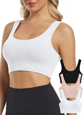 Chilylori Seamless Sports Bras for Women Pack of 3 Ribbed Sports Bra Workout Tops Cropped Tank Top Comfort Padded Yoga