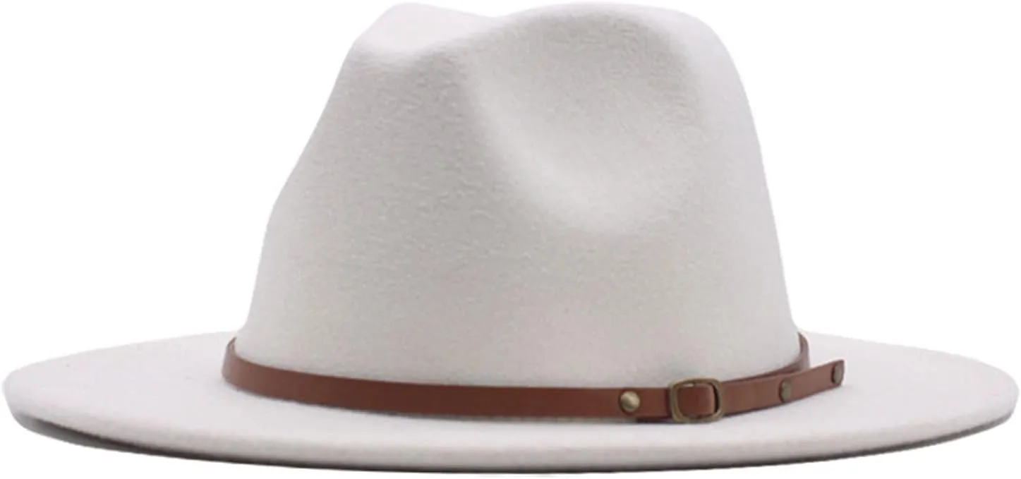 Hat Fedora Panama Womens Wool Hat Classic Wide Belt Buckle Floppy Baseball Caps New City Hat (White, One Size)