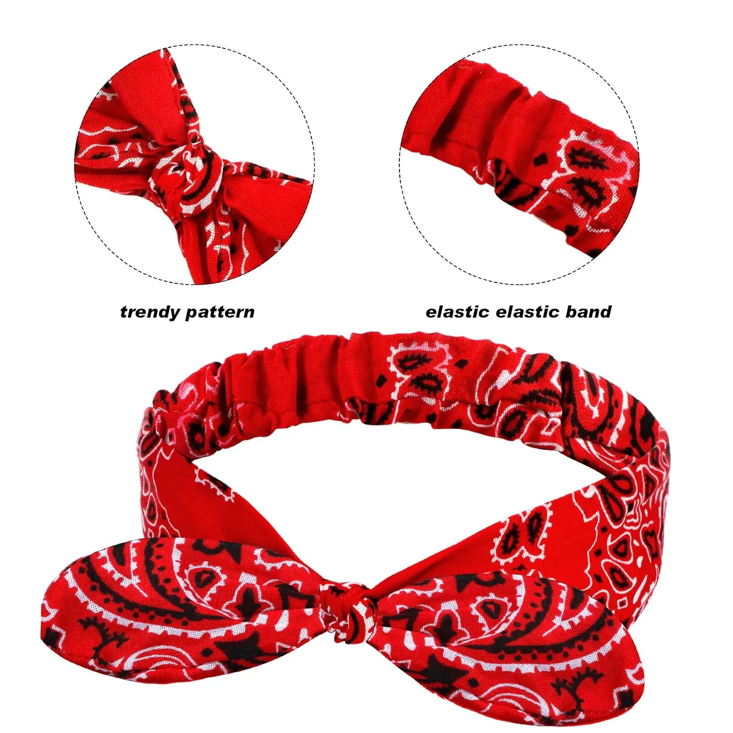Hicarer 2 Pieces Bandana Headband for Women, Knot Retro Print Bandana Paisley Print Headband Adjustable Headwrap(Red)