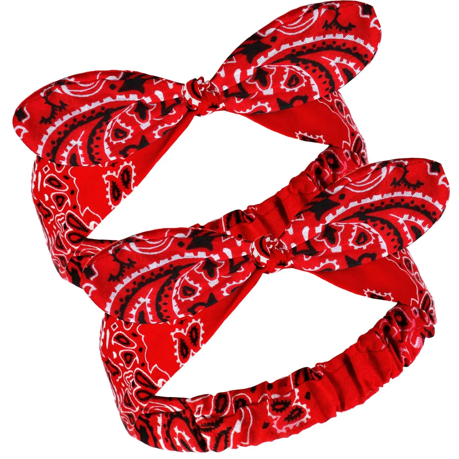 Hicarer 2 Pieces Bandana Headband for Women, Knot Retro Print Bandana Paisley Print Headband Adjustable Headwrap(Red)