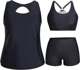 Holipick Women Plus Size 3 Piece Tankini Swimsuits Tummy Control Bathing Suits with Boy Shorts Tank Top with Sports Bra