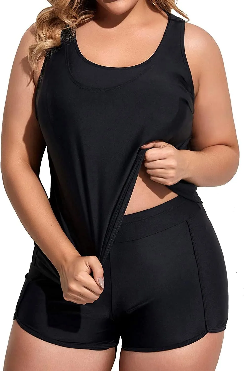 Holipick Women Plus Size 3 Piece Tankini Swimsuits Tummy Control Bathing Suits with Boy Shorts Tank Top with Sports Bra