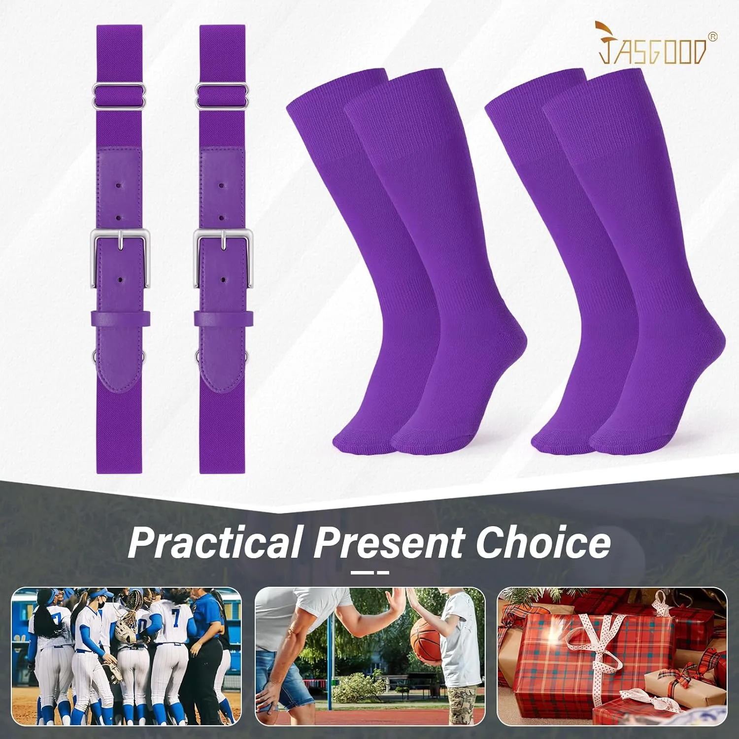 JASGOOD 2 Pack Baseball Belt and Socks Combo Set Adjustable Softball Belt and Socks Elastic Waist Belt for Youth and Adult