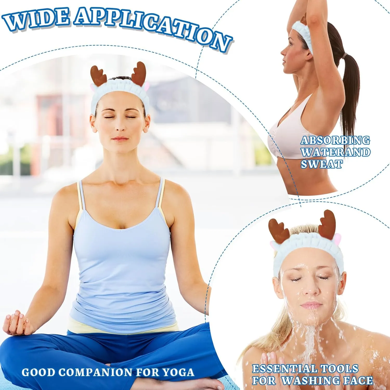 Jowmoy Cute blue antlers Headband Frog Eye Elastic to Wash Face for Women Makeup Shower Spa.