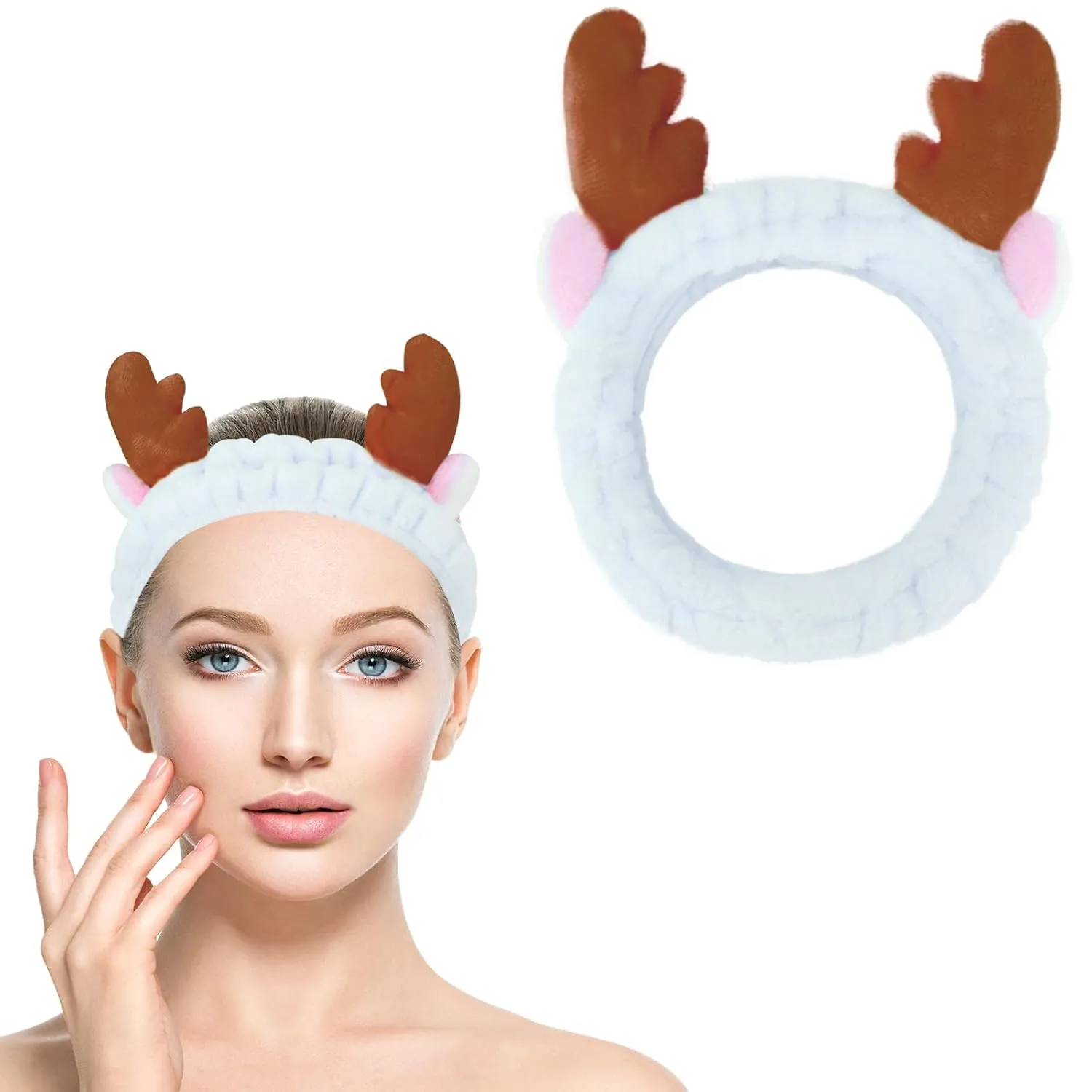 Jowmoy Cute blue antlers Headband Frog Eye Elastic to Wash Face for Women Makeup Shower Spa.