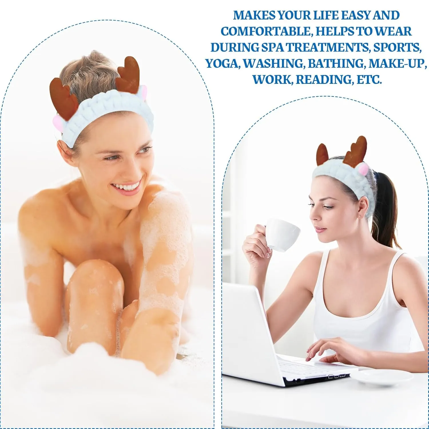 Jowmoy Cute blue antlers Headband Frog Eye Elastic to Wash Face for Women Makeup Shower Spa.