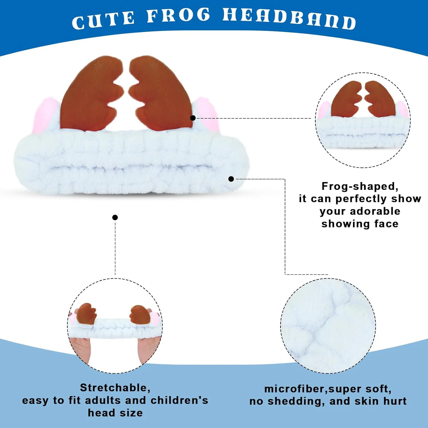 Jowmoy Cute blue antlers Headband Frog Eye Elastic to Wash Face for Women Makeup Shower Spa.