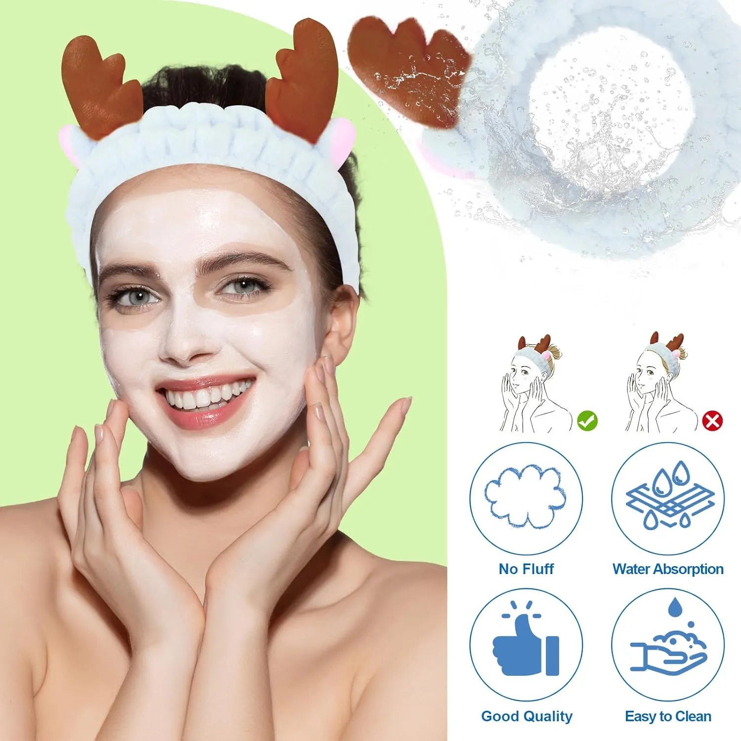 Jowmoy Cute blue antlers Headband Frog Eye Elastic to Wash Face for Women Makeup Shower Spa.