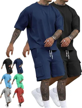 Mens 2 Piece Short Set Casual Loose Fit Solid Sports Sets Loose Fit Short Sleeve T-Shirt Athletic Jogging Tracksuit(Blue-Black,XX-Large)