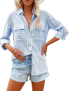 OMSJ Women's Striped Button Down Shirts Casual Long Sleeve Stylish V Neck Blouses Tops with Pockets