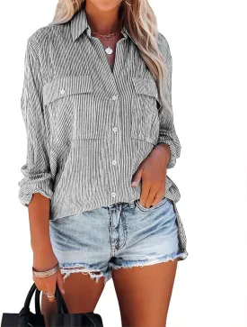 OMSJ Women's Striped Button Down Shirts Casual Long Sleeve Stylish V Neck Blouses Tops with Pockets