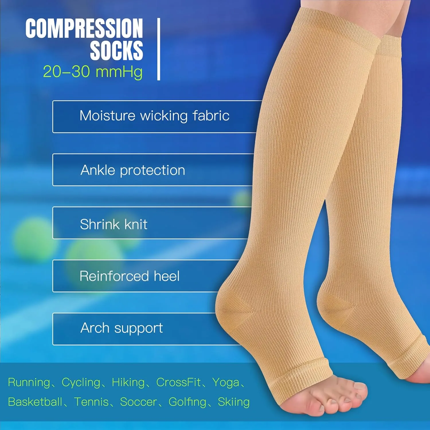 Open Toe Compression Socks Women & Men-3 Pairs 20-30 mmHg Knee High Stockings for Circulation Support