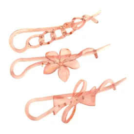 Parcelona French Twist n Clip Flower, Bow and Chain 4" Celluloid Set of 3 Metal Free Hair Barrette Non Slip Fashion Durable Styling Women Hair Accessories, Made in France (Crystal Pink)