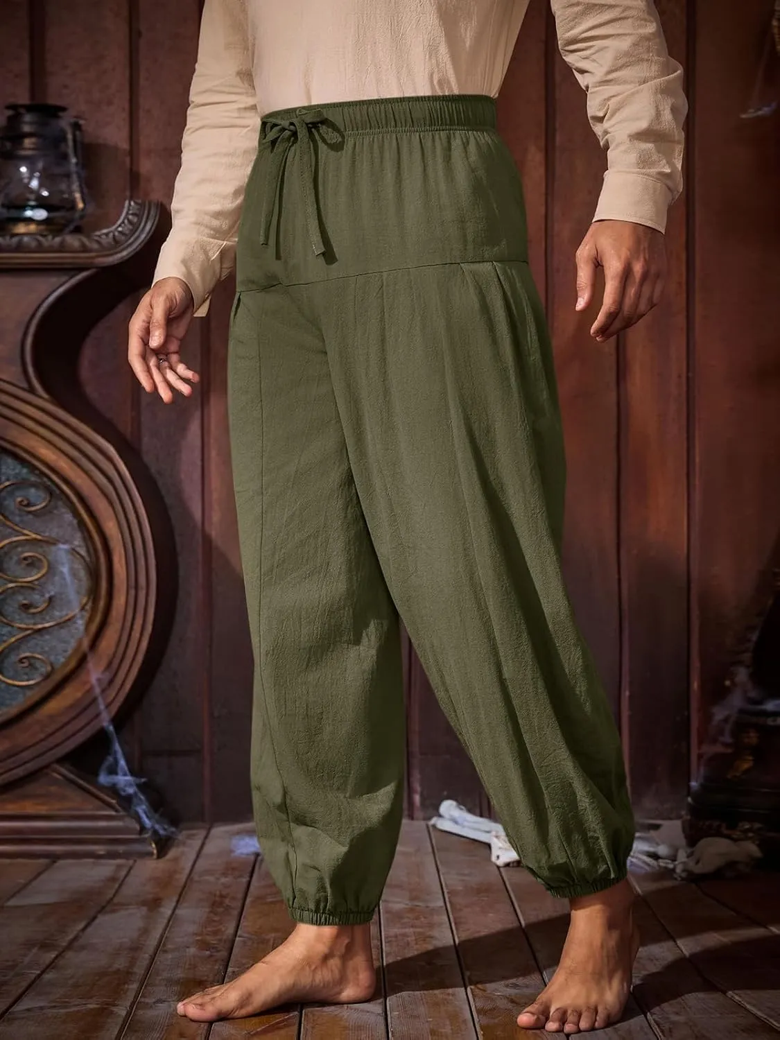 Runcati Mens Medieval Pirate Cotton Pants Renaissance Viking Costume Trousers Halloween Baggy Tapered Harem Pants