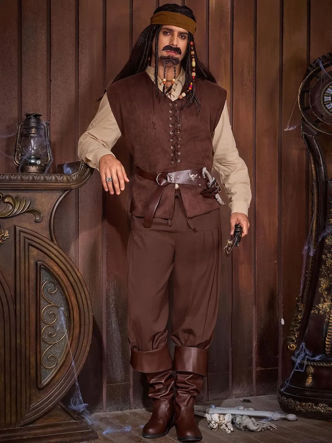 Runcati Mens Medieval Pirate Cotton Pants Renaissance Viking Costume Trousers Halloween Baggy Tapered Harem Pants