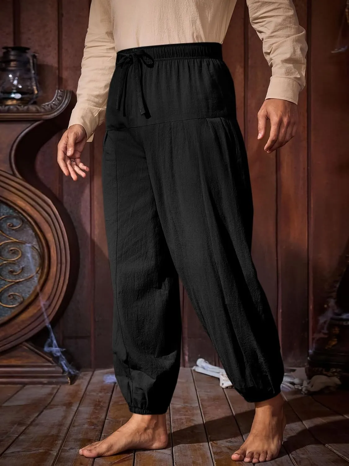 Runcati Mens Medieval Pirate Cotton Pants Renaissance Viking Costume Trousers Halloween Baggy Tapered Harem Pants
