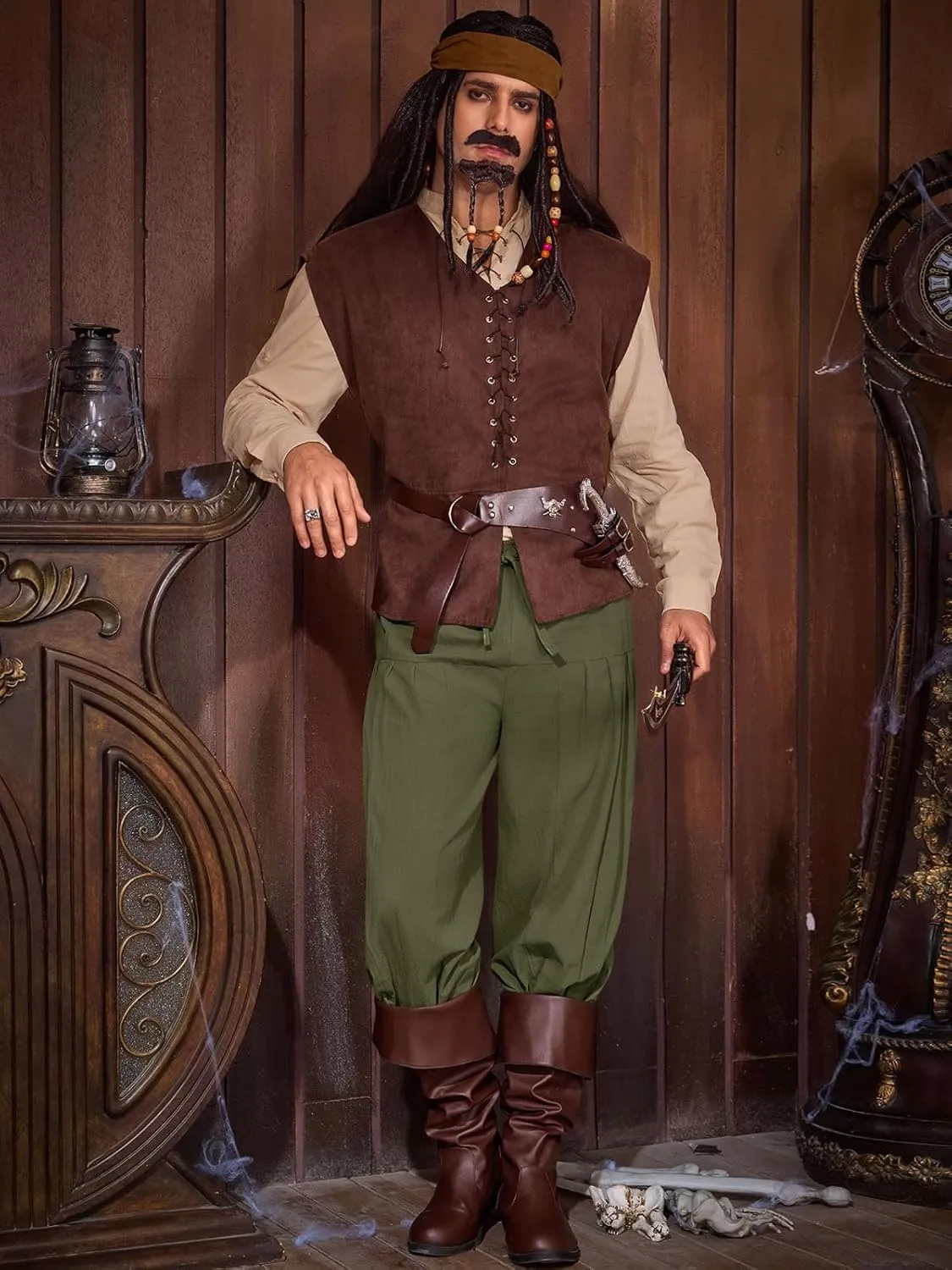 Runcati Mens Medieval Pirate Cotton Pants Renaissance Viking Costume Trousers Halloween Baggy Tapered Harem Pants