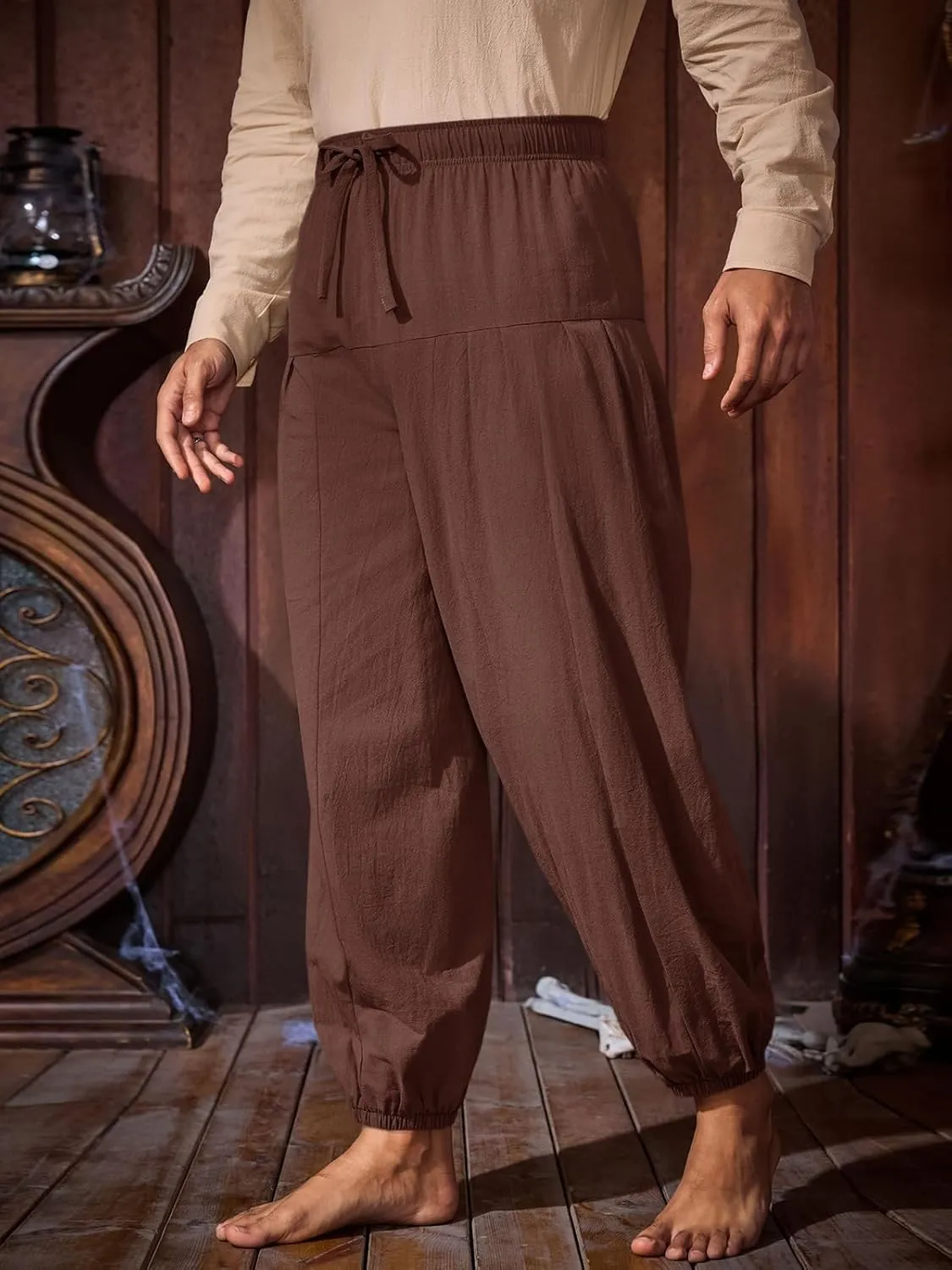 Runcati Mens Medieval Pirate Cotton Pants Renaissance Viking Costume Trousers Halloween Baggy Tapered Harem Pants