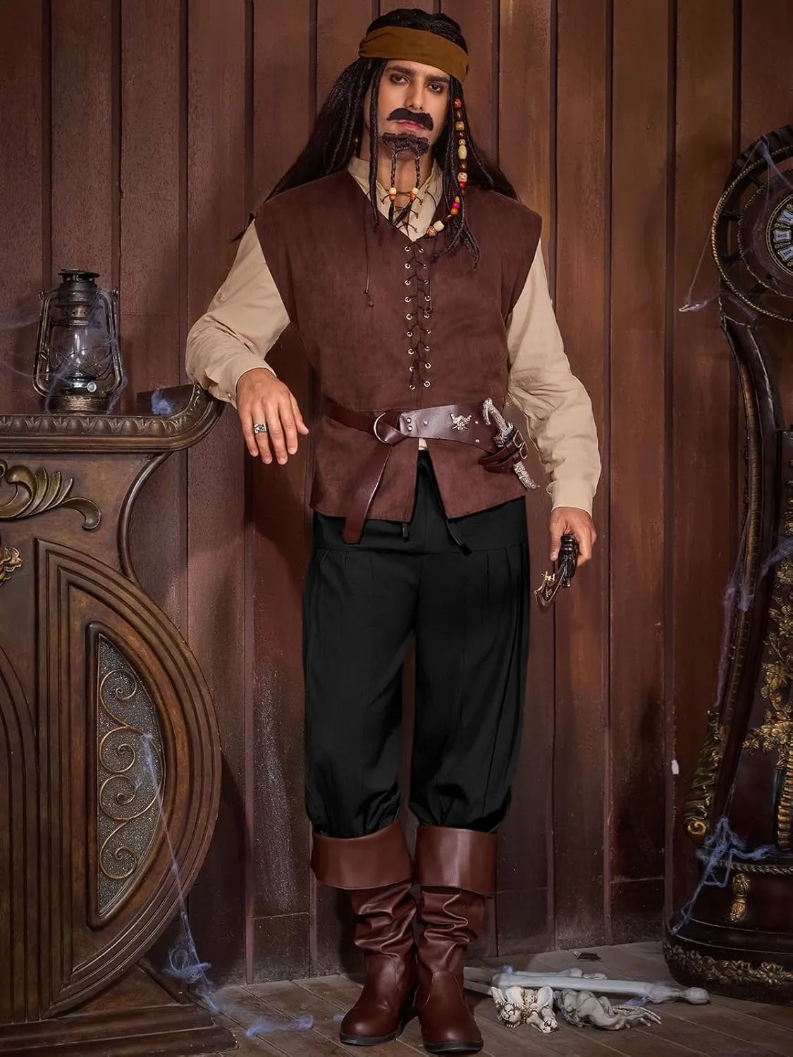 Runcati Mens Medieval Pirate Cotton Pants Renaissance Viking Costume Trousers Halloween Baggy Tapered Harem Pants