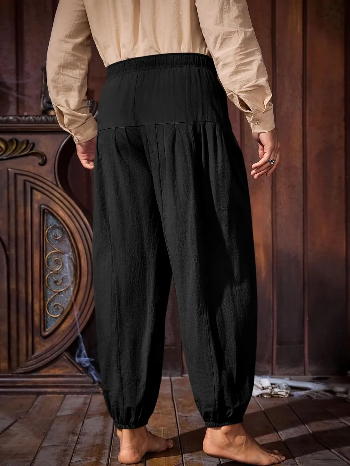 Runcati Mens Medieval Pirate Cotton Pants Renaissance Viking Costume Trousers Halloween Baggy Tapered Harem Pants