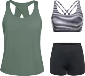 Tempt Me 3 Piece Tankini Swimsuits for Women Athletic Bathing Suits Swim Tank Top with Boy Shorts and Bra Modest Swimwear