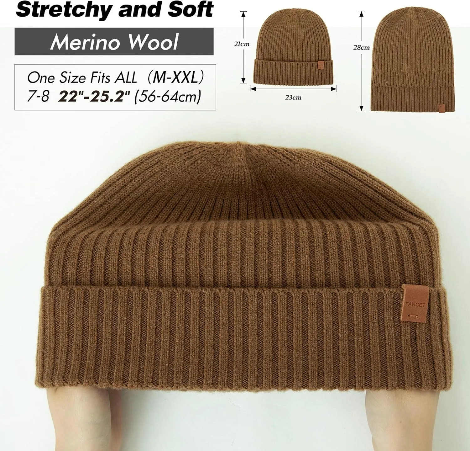 TOP-EX Oversized M L XL XXL 100% Merino Wool Beanie with Fleece Lining Cold Weather Winter Hat Big Head