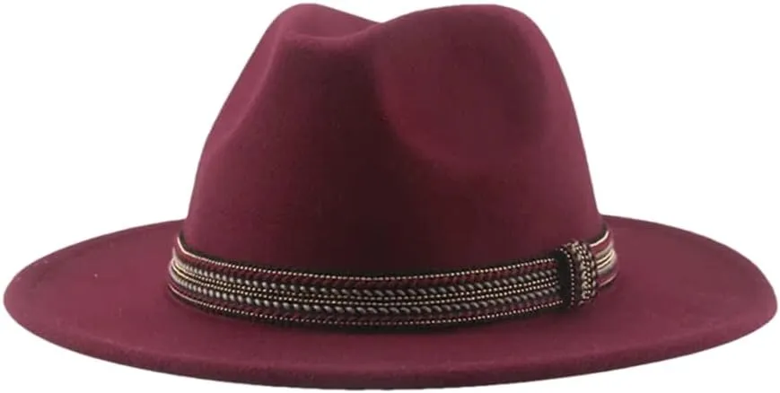Women's Fedoras Hat Solid Casual Wide Brim Hat Panama Band Caps Wine Red 56-58cm