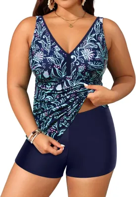 Yonique Womens Plus Size Swimsuits with Shorts Tummy Control Tankini Two Piece Bathing Suits Athletic Swimwear