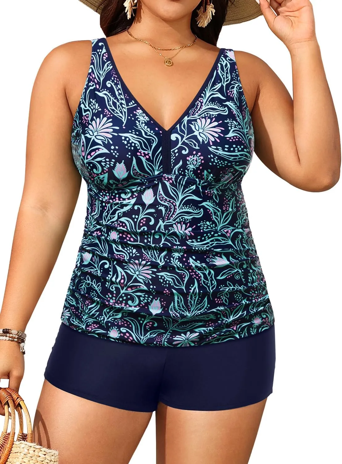 Yonique Womens Plus Size Swimsuits with Shorts Tummy Control Tankini Two Piece Bathing Suits Athletic Swimwear